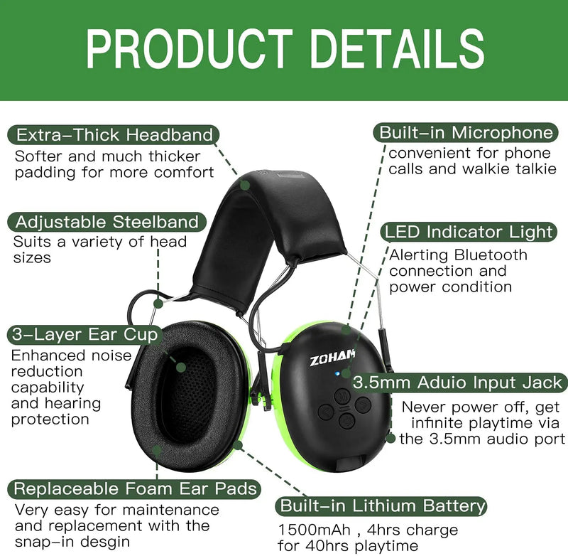 ZOHAN Hearing Protection Bluetooth headphone Earmuffs 5.0 Headphones Safety Noise Reduction 25dB NRR Protector for Mowing Music