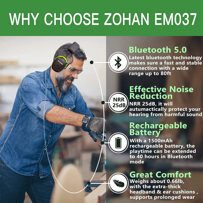 ZOHAN Hearing Protection Bluetooth headphone Earmuffs 5.0 Headphones Safety Noise Reduction 25dB NRR Protector for Mowing Music