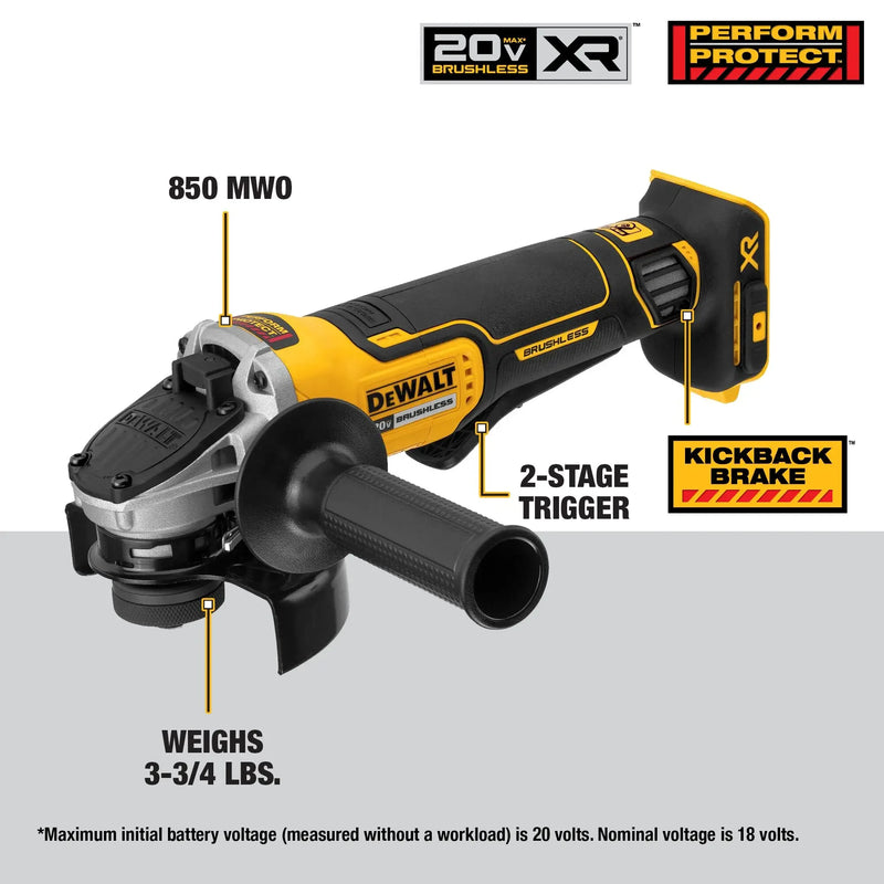 DEWALT DCG413 Brushless Cordless Paddle Switch Small 115MM(4.5in.) Angle Grinder With KICKBACK BREAK™ 20V Lithium Power Tools