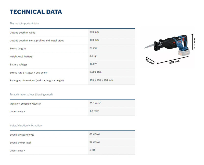 BOSCH GSA 185-LI Brushless Cordless Reciprocating Saw BITURBO 18V Lithium Power Tools