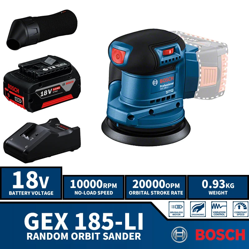 BOSCH GEX 185-LI Kit Brushless Cordless  125MM Random Orbit Sander 18V Lithium Power Tools With Battery Charger