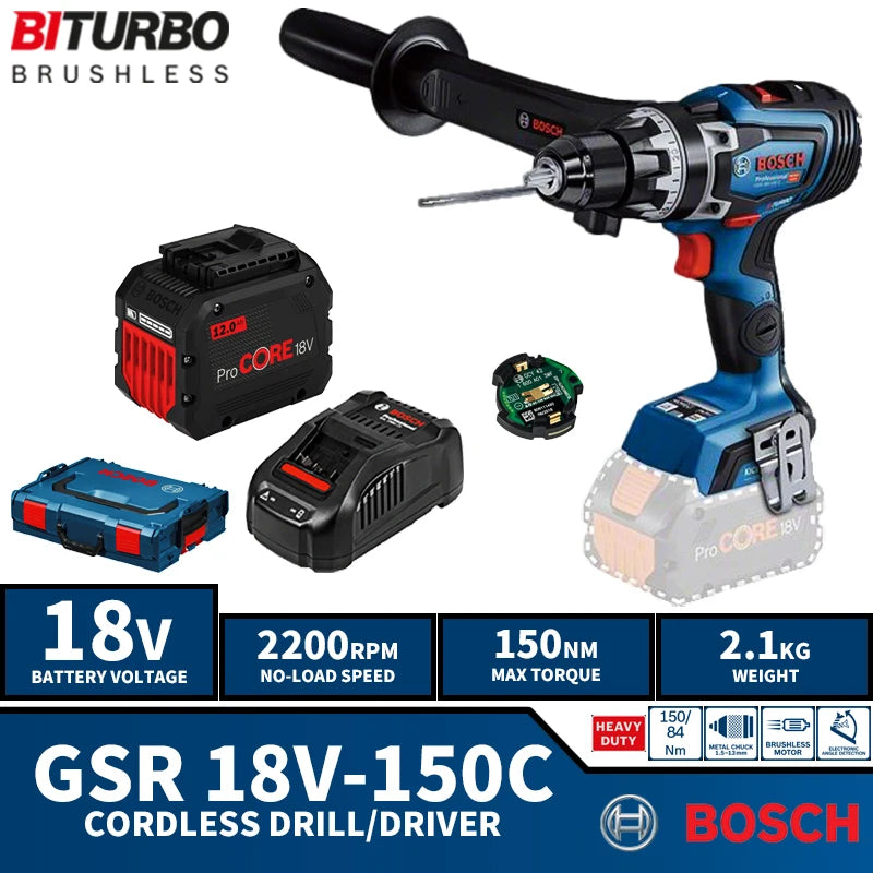 BOSCH GSR 18V-150 C Kit Brushless Cordless Drill Driver 18V Lithium Battery Power Tool Electric Screwdriver With Battery Charger