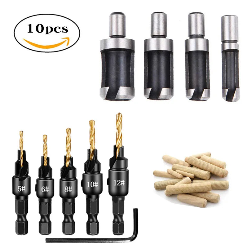 Wood Plug Cutter Drill Cutting Tool Drill Bit Set Straight And Tapered Taper Woodworking Cork Drill Bit 5/8" 1/2" 3/8" 1/4"