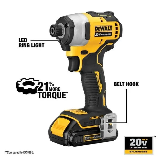 DEWALT DCF809 Kit Brushless Cordless 1/4 in. Compact Impact Driver ATOMIC™ 20V Lithium Power Tools 190NM With Battery Charger