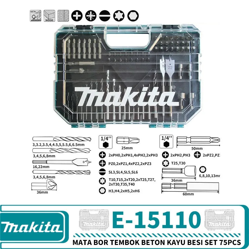 Makita E-15110 Mata Bor Tembok Beton Kayu Besi Set 75PCS Power Tool Accessories