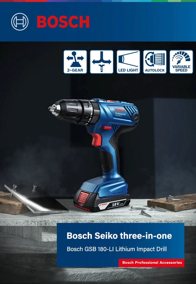 BOSCH GSB 180-LI Cordless Compact Impact Drill Driver 18V Lithium Power Tools Electric Screwdriver 1900RPM 27000IPM 54NM