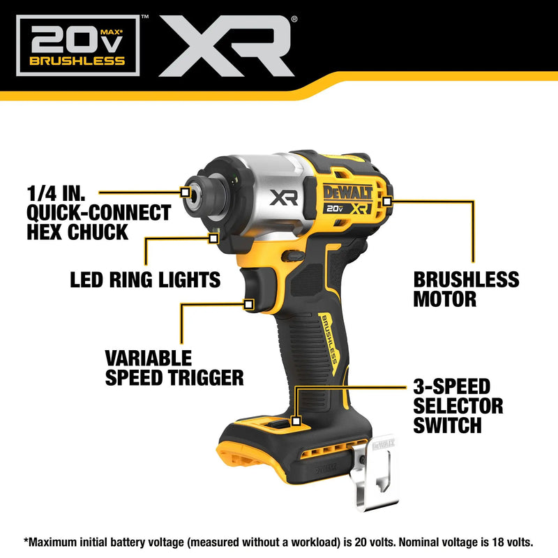 DEWALT DCF845 Brushless Cordless 3-Speed Impact 1/4 in. Driver 20V Lithium Power Tools 3400RPM 206NM