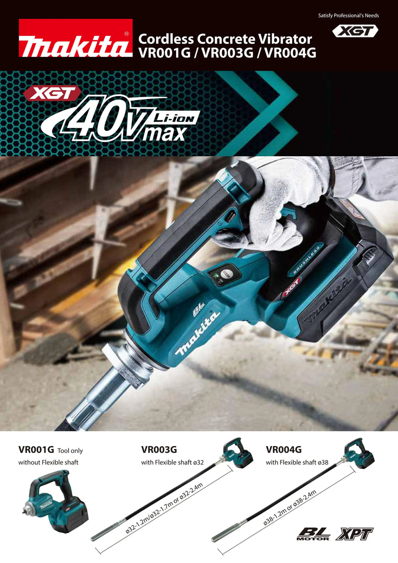 Makita VR003GZ Kit 40V XGT Brushless Cordless 32MM Concrete Vibrator Lithium High Power Tools Site Work With Battery Charger