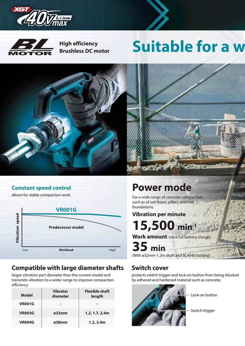 Makita VR003GZ 40V XGT Brushless Cordless 32MM Concrete Vibrator Professional Lithium Power High Power Tools Site Work