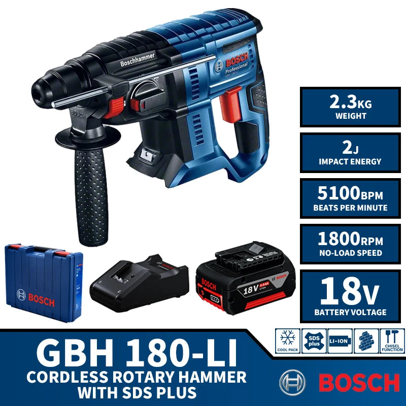 BOSCH GBH 180-LI Kit Brushless Cordless Rotary Hammer With SDS PLUS Drill 18V Lithium Battery Power Tool 2J With Battery Charger