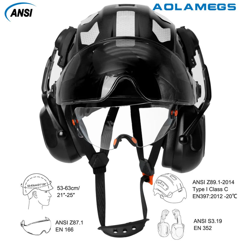 CE Construction Safety Helmet With Visor Reflective Stickers Built In Goggle Earmuffs ABS Industrial Hard Hat ANSI Riding Climb