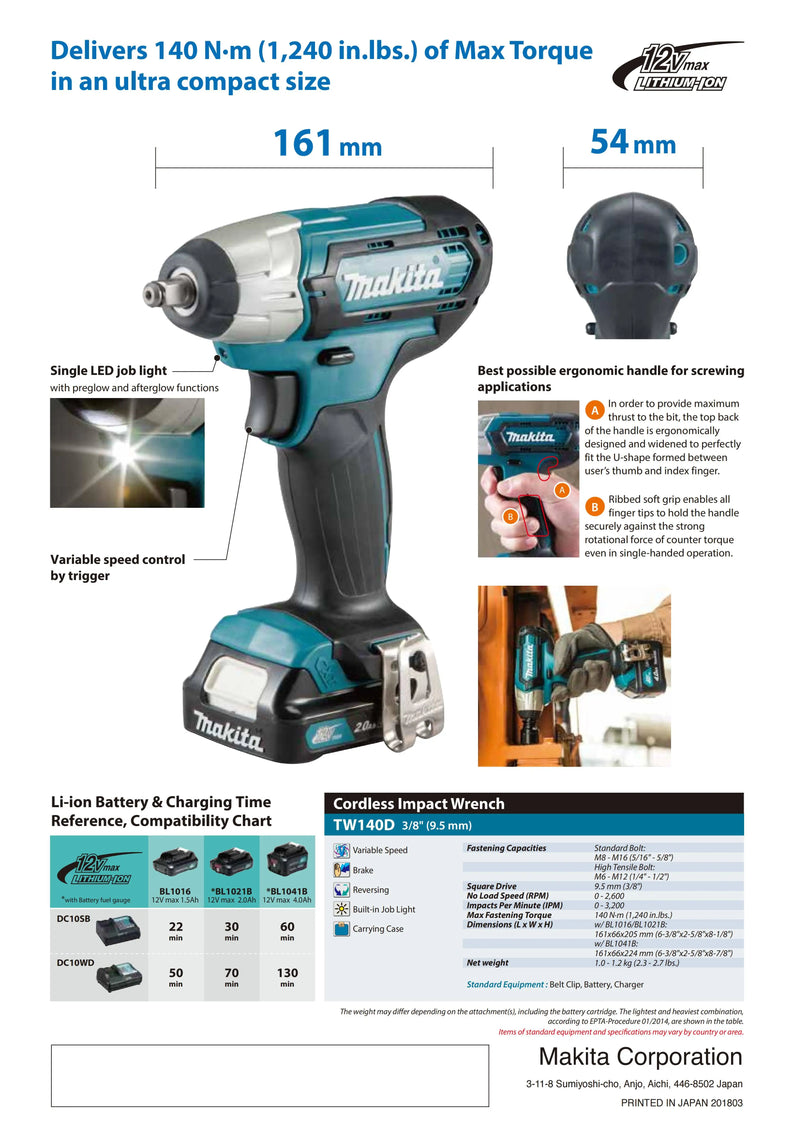 Makita TW140Z Cordless Compact Impact Wrench 12V Lithium Power Tools 140NM Auto Industry Repair Tools