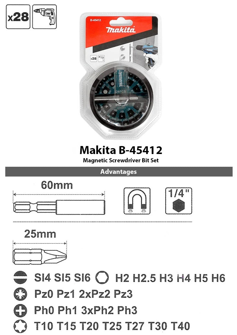 Makita B-45412 Magnetic Screwdriver Bit Set 28 Piece Power Tool Accessories