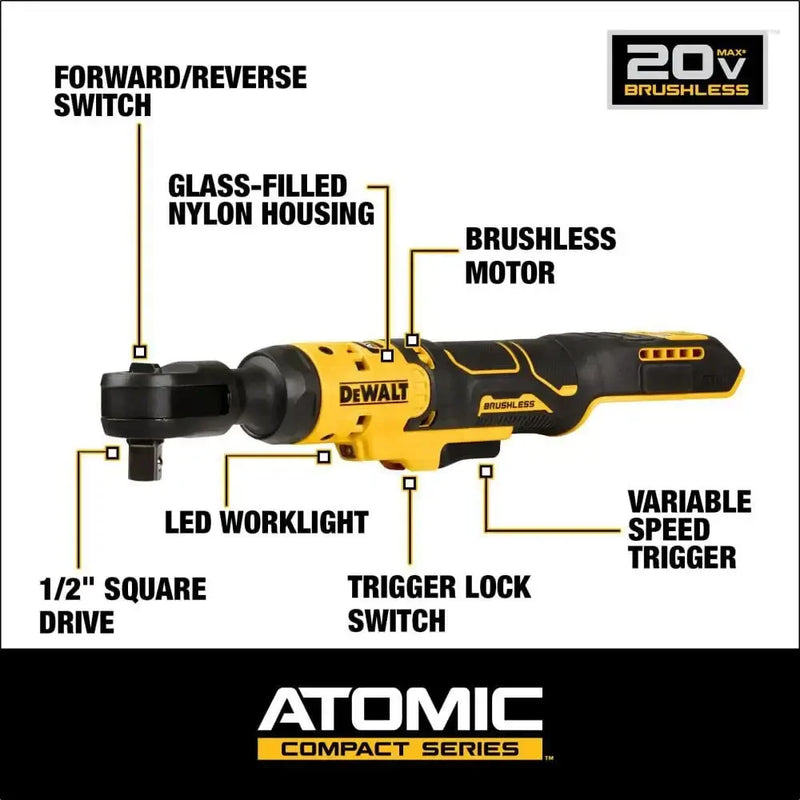 DEWALT DCF512 Kit ATOMIC COMPACT SERIES™ Brushless Cordless 1/2 in. Ratchet 20V Lithium Power Tools With Battery Charger