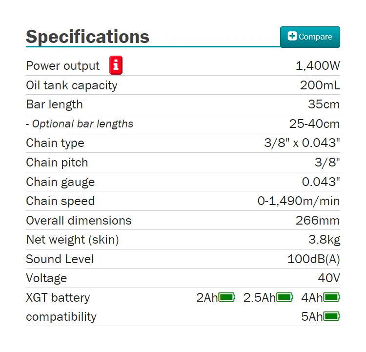 Makita UC004GZ Kit XGT Brushless Cordless 35CM 14" Top Handle Chainsaw 40V Max XGT Lithium Power Tools With Battery Charger