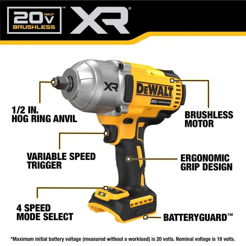 DEWALT DCF900 Kit 1/2In Brushless Cordless High Torque Impact Wrench With Hog Ring Anvil 20V Power Tool With Battery Charger