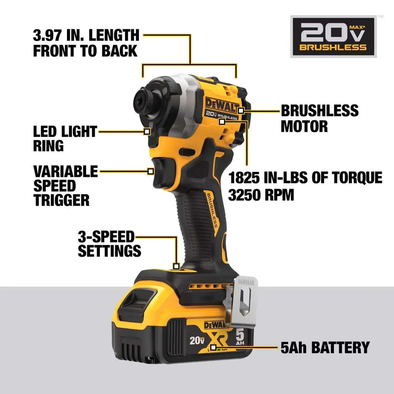 DEWALT DCF850 Kit 1/4in Brushless Cordless 3-Speed Impact Driver 20V Lithium Tool Electric Drill 205NM With Battery Charger