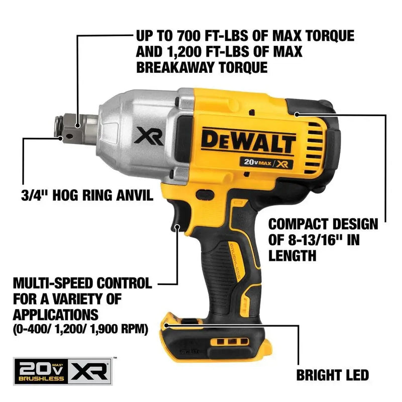 DEWALT DCF897 Kit Brushless Cordless High Torque 3/4" Impact Wrench Hog Ring Retention Pin Anvil 20V 950NM With Battery Charger