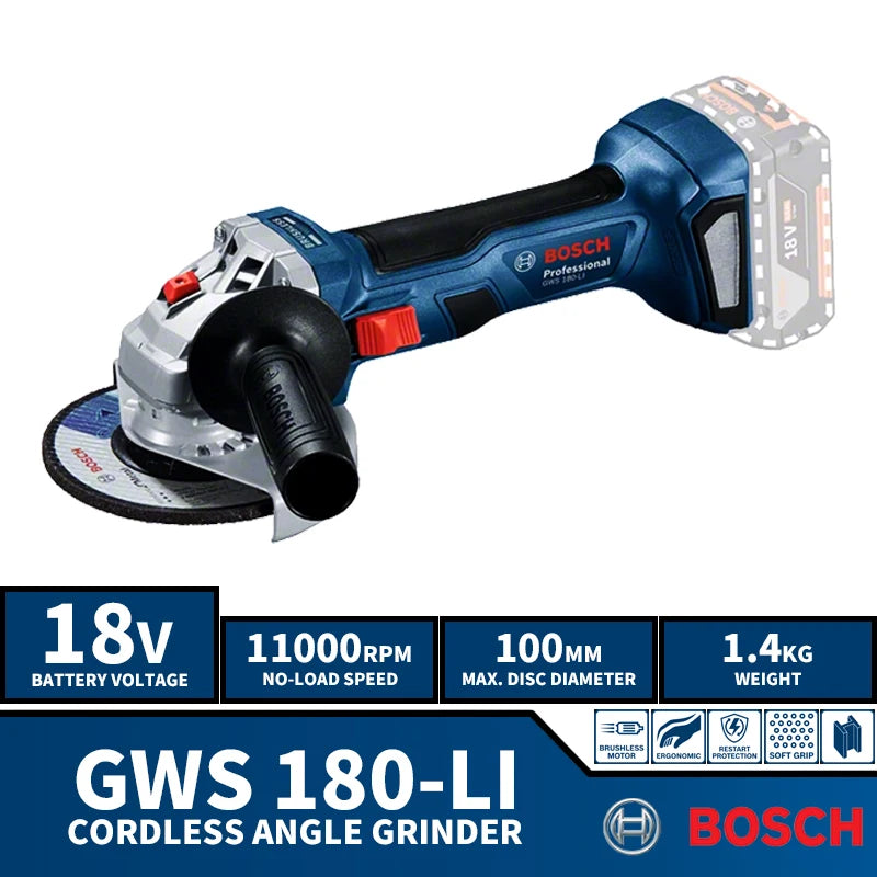 BOSCH GWS 180-LI Brushless Cordless 100MM Angle Grinder 18V Compact Lithium Power Tools 11000RPM