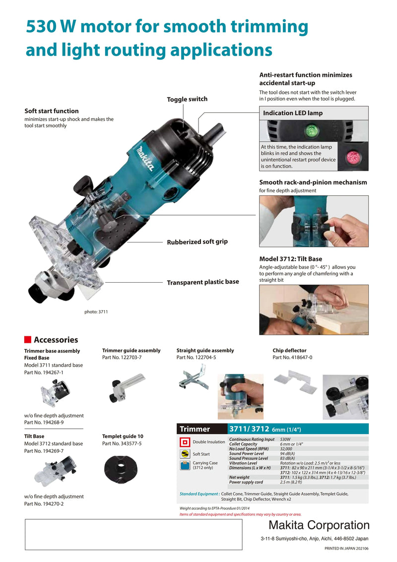 Makita 3711 220V 6MM (¼") Laminate Trimmer Carpenters Woodworkers 220V