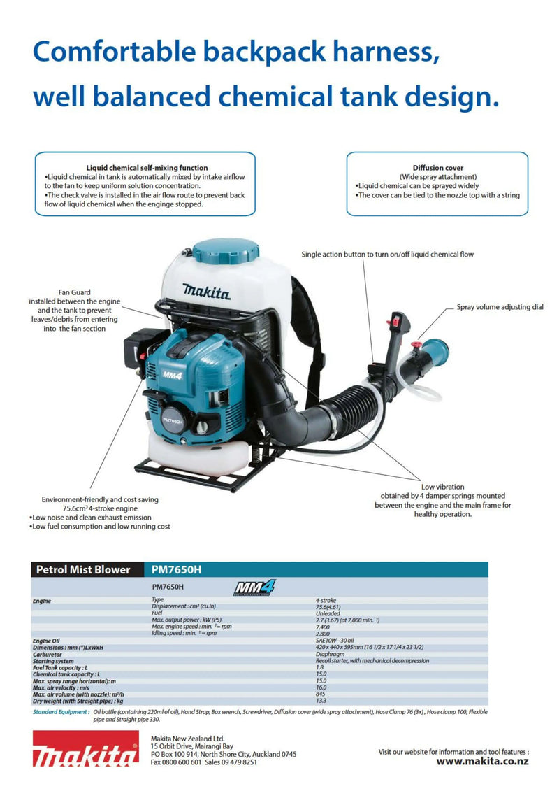 Makita PM7650H 75.6cc 4-Stroke Petrol Mist Blower Garden Power Tools Outdoor Water Pesticide Spraying