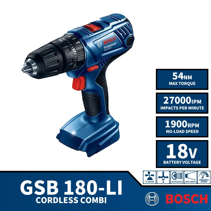 BOSCH GSB 180-LI Cordless Compact Impact Drill Driver 18V Lithium Power Tools Electric Screwdriver 1900RPM 27000IPM 54NM