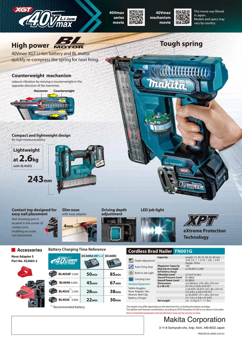 Makita FN001GZ Brushless Cordless 18 Gauge Brad Nailer 40V XGT Lithium Power Tools Nail Gun