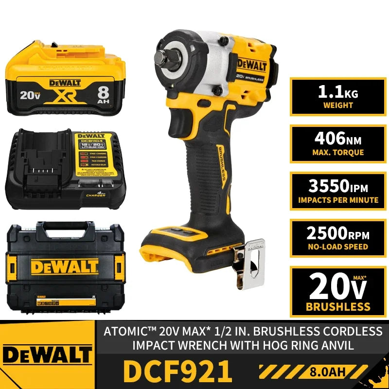 DEWALT DCF921 Kit ATOMIC™ 1/2in Brushless Cordless Impact Wrench With Hog Ring Anvil 20V Lithium Power Tool With Battery Charger