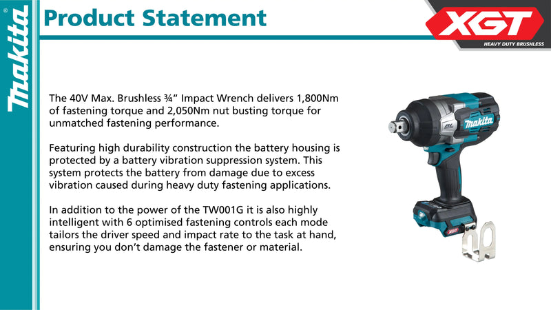 Makita TW001GZ XGT Brushless Cordless 3/4" Impact Wrench C-Ring 40V Lithium Power Tools 1800RPM 1800NM 2500IPM