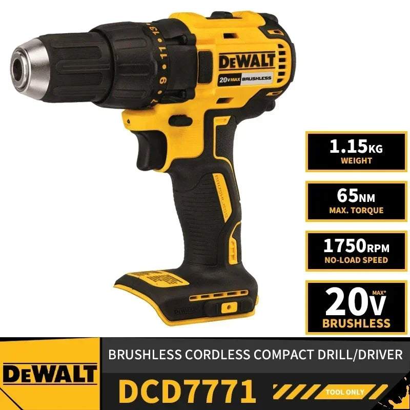 DEWALT DCD7771 Brushless Cordless Compact Driver Drill 20V Electric Screwdriver Lithium Power Tools 1750RPM 65NM