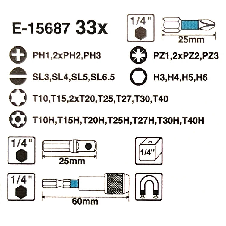 Makita E-15687 IMPACT BLACK SET SCREWDRIVER BITS 33PCS Power Tool Accessories