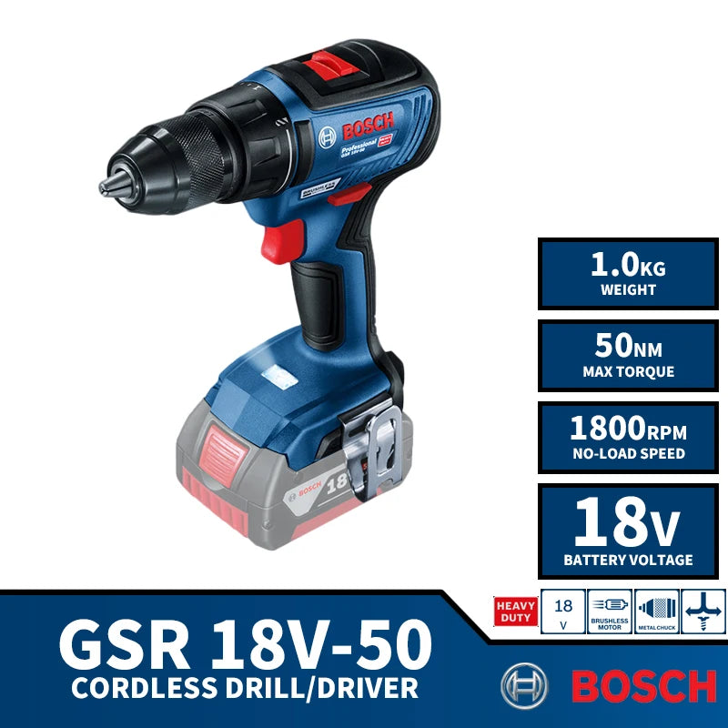 BOSCH GSR 18V-50 Brushless Cordless Driver Drill 18V Lithium Power Tools Electrical Screwdriver 50NM 1800RPM