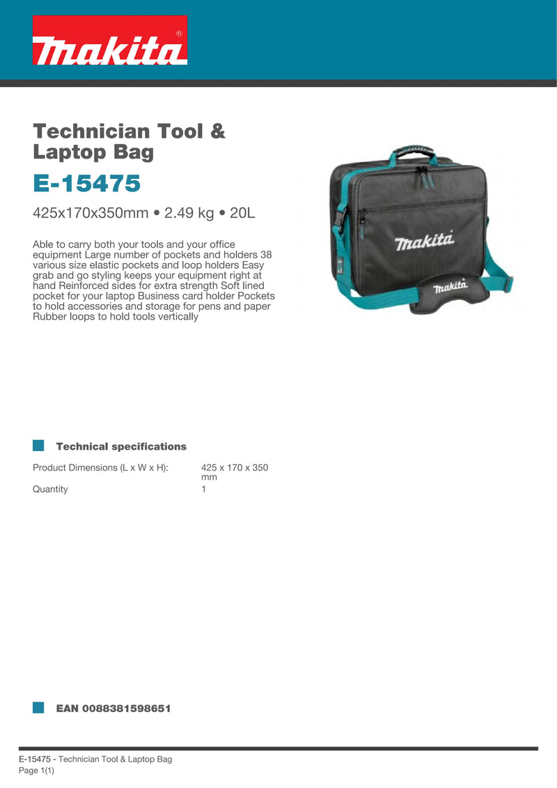 Makita E-15475 Technician Tool & Laptop Bag Power Tool Accessories