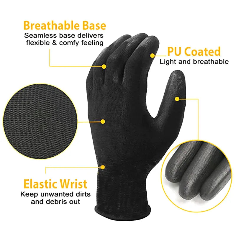 NMSafety 12 Pairs Safety Working Gloves Black Pu Nylon Cotton Glove Industrial Protective Work Gloves Brand Supplier