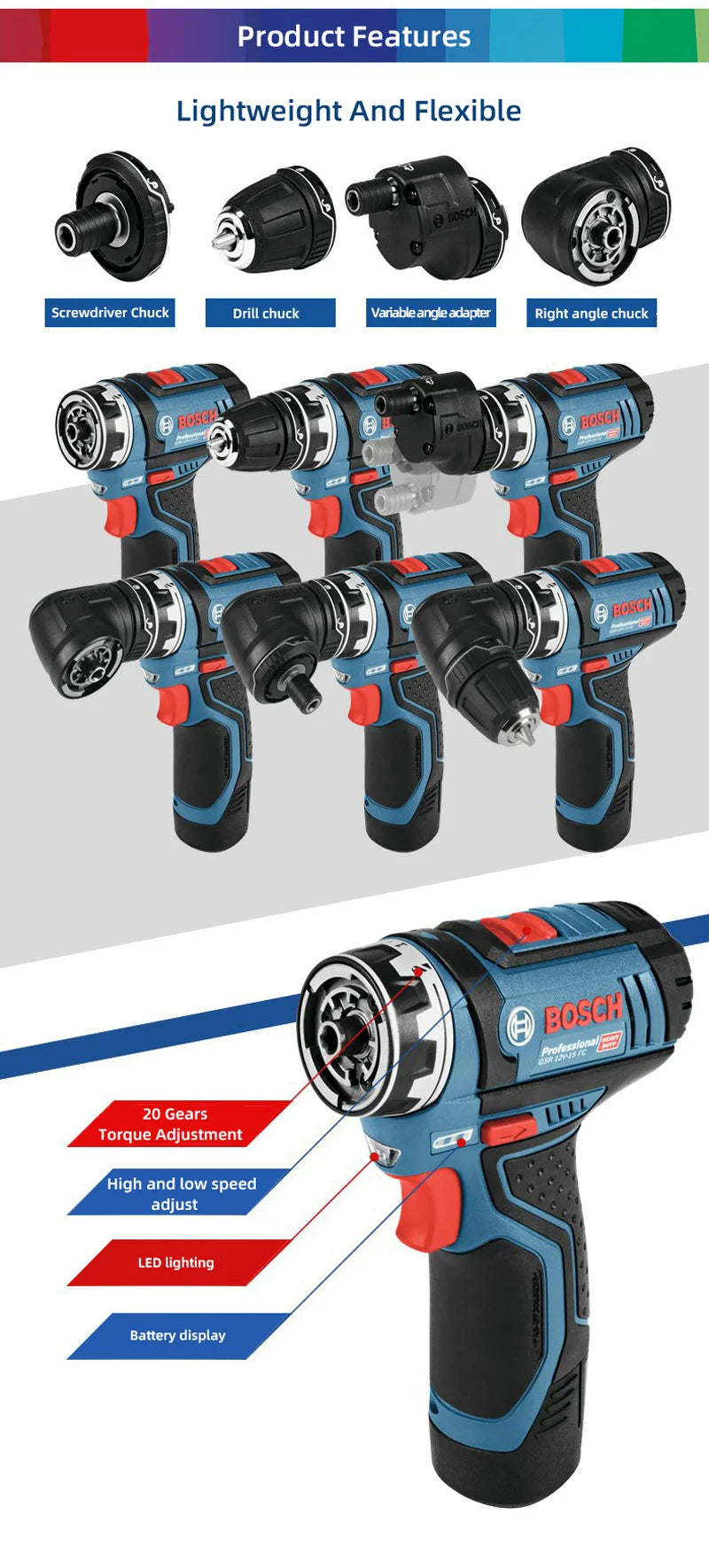 BOSCH GSR 12V-15 FC Cordless 4in1 Drill Driver Compact Multifunction 12V Lithium Battery Power Tools Home Diy 1300RPM 30NM