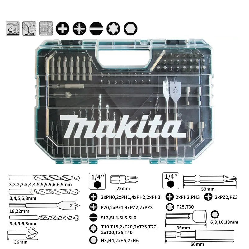 Makita E-15110 Mata Bor Tembok Beton Kayu Besi Set 75PCS Power Tool Accessories