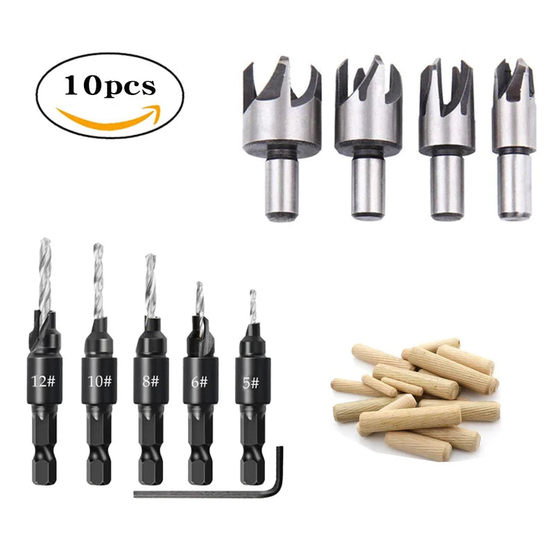 Wood Plug Cutter Drill Cutting Tool Drill Bit Set Straight And Tapered Taper Woodworking Cork Drill Bit 5/8" 1/2" 3/8" 1/4"