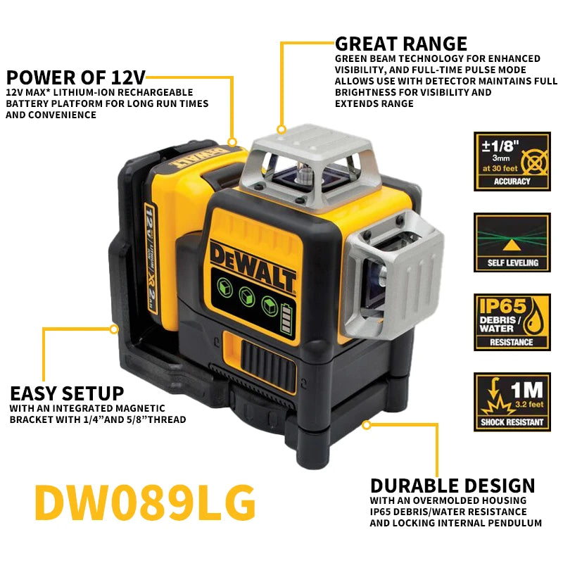 DEWALT DW089LG Green Line Laser Levels 12 Line Horizontal Vertical Cross Powerful Laser Level Measuring 12V Lithium Battery Tool