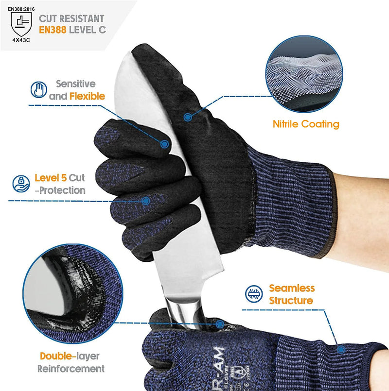 Level 5 Cut-Resistant Gloves, Firm Non-Slip Grip, Heavy Duty Work, Durable & Breathable Nitrile Foam Coated, Touchscreen