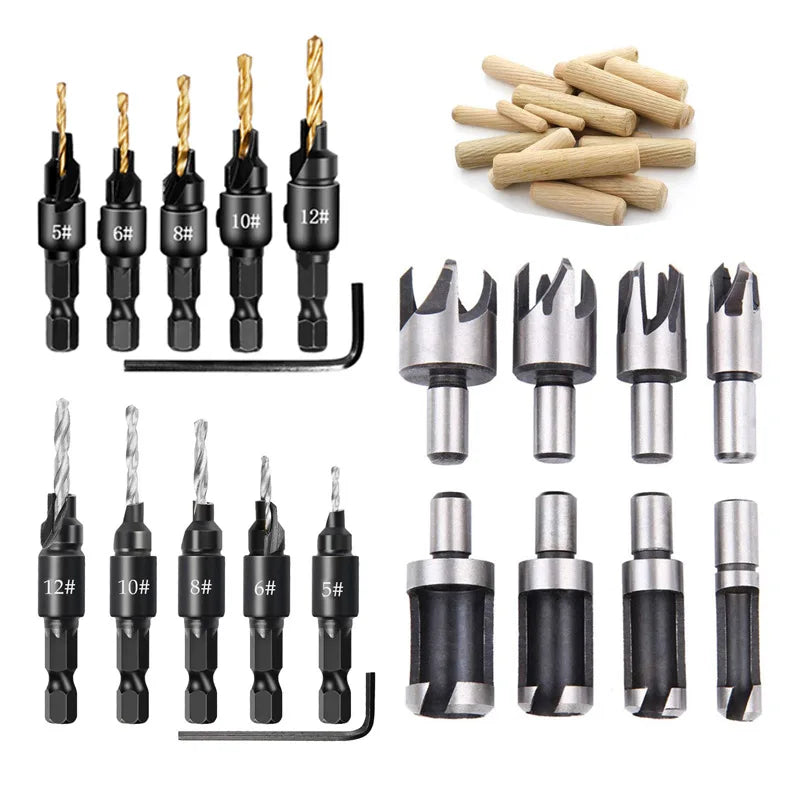 Wood Plug Cutter Drill Cutting Tool Drill Bit Set Straight And Tapered Taper Woodworking Cork Drill Bit 5/8" 1/2" 3/8" 1/4"