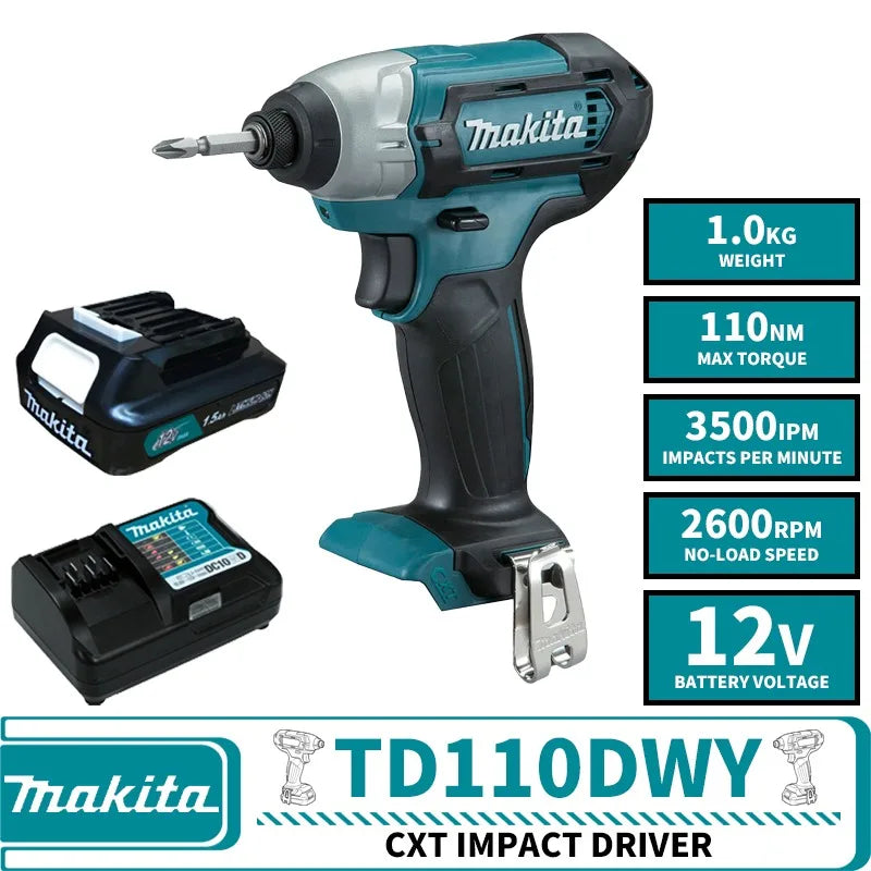 Makita TD110DWY Kit CXT Impact Driver 12V Lithium Power Tools With Battery Charger 2600RPM 110NM