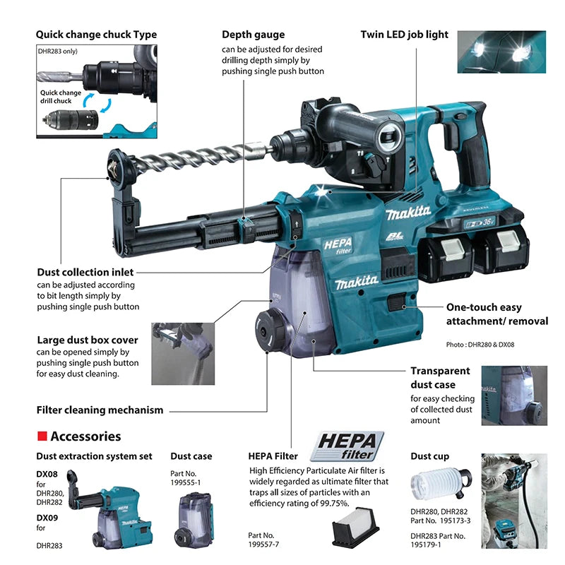 Makita DHR280Z Brushless Cordless 28MM Rotary Hammer Drill 36V Lithium Power Tools SDS-Plus LXT 5000IPM Hammer Impact Drill