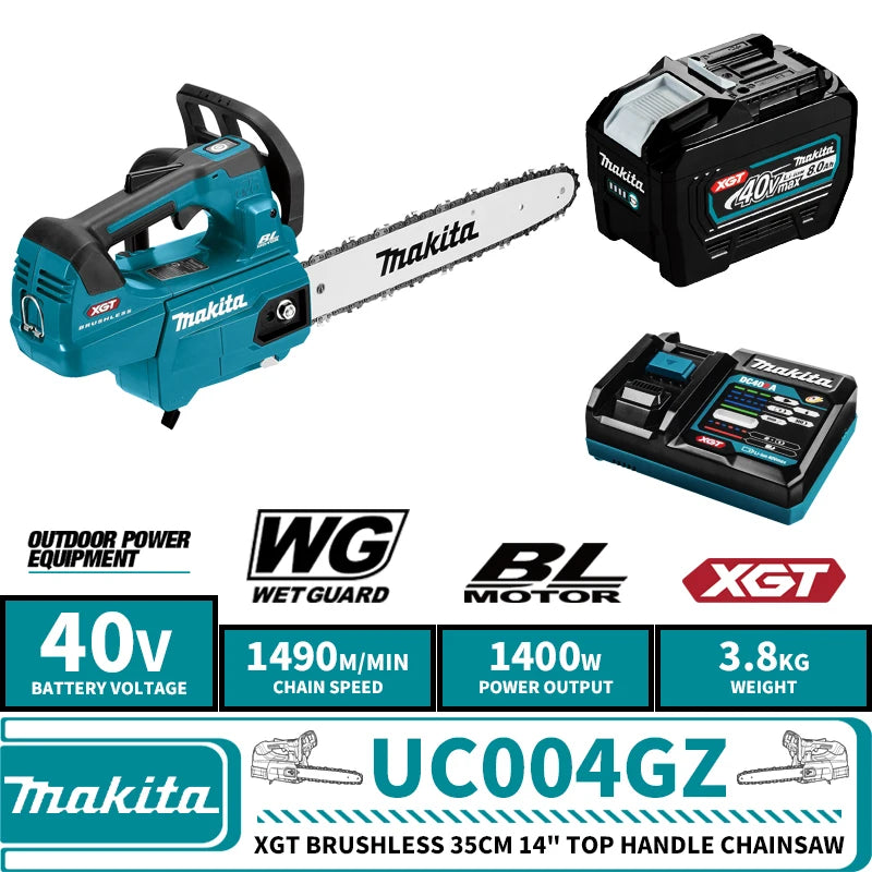 Makita UC004GZ Kit XGT Brushless Cordless 35CM 14" Top Handle Chainsaw 40V Max XGT Lithium Power Tools With Battery Charger