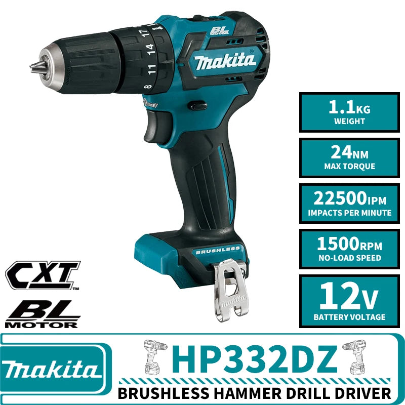 Makita HP332DZ Brushless Cordless Hammer Drill Driver CXT 12V Lithium Power Tools 1500RPM 22500IPM 24NM