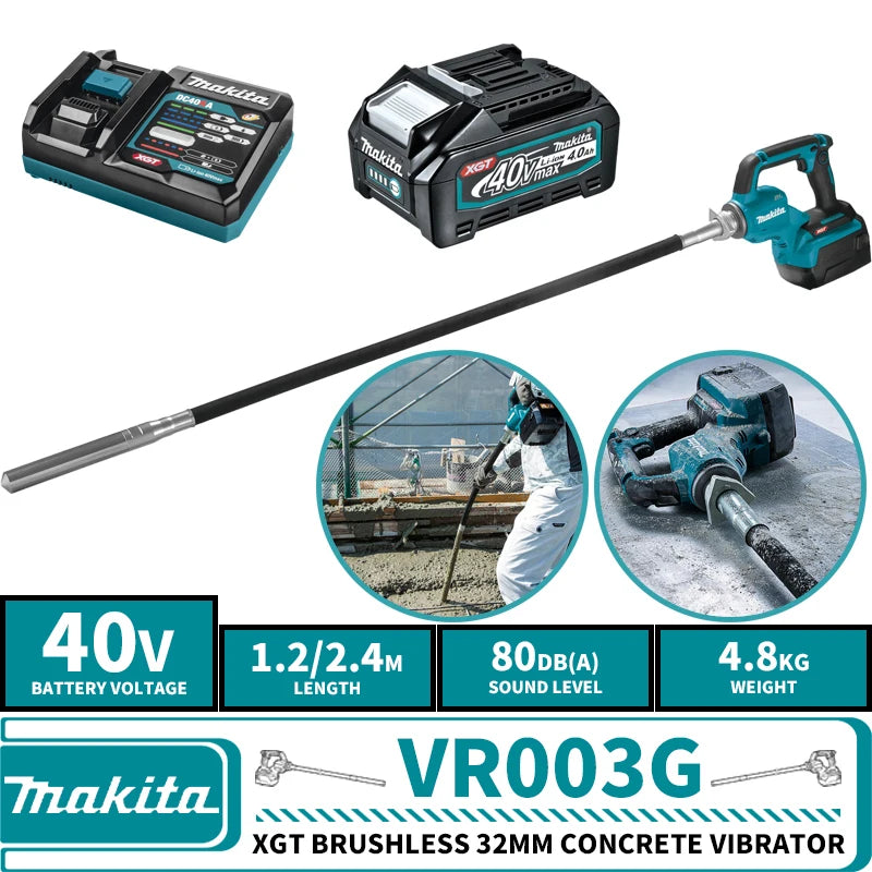 Makita VR003GZ Kit 40V XGT Brushless Cordless 32MM Concrete Vibrator Lithium High Power Tools Site Work With Battery Charger