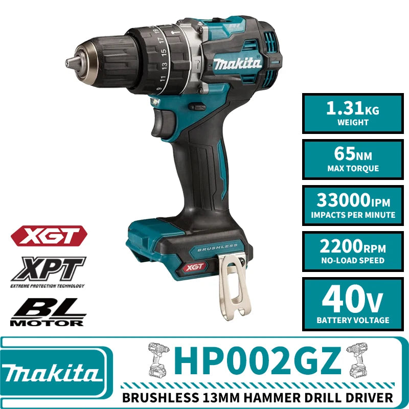 Makita DF002GZ HP002GZ XGT Brushless Cordless 13MM Hammer Drill Driver 40V Lithium Power Tools 2200RPM 65NM