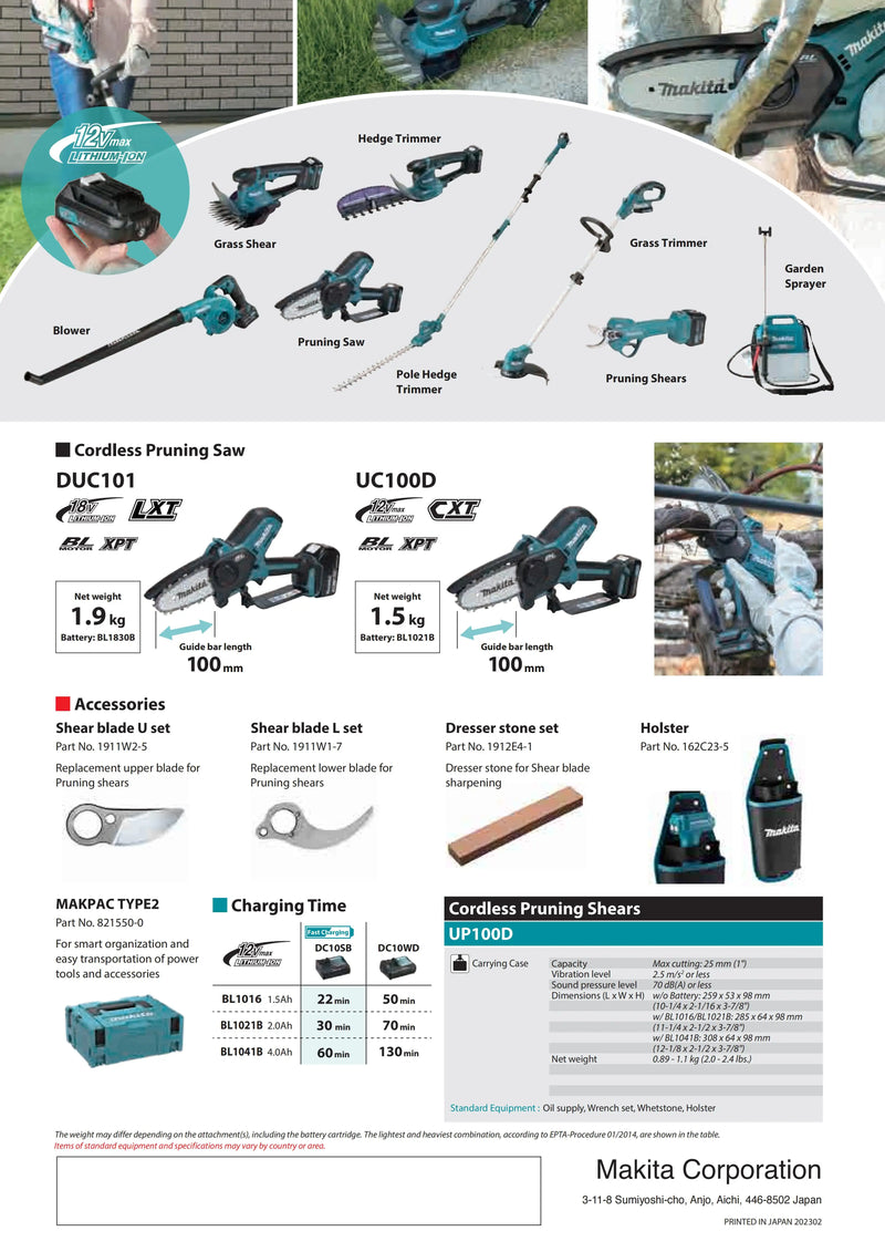 Makita UP100DZ Brushless Cordless Pruning Shears CXT 12V Lithium Power Tools Hedge Trimmer