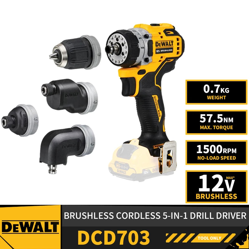 DEWALT DCD703 Brushless Cordless Compact 5-in-1 Drill Driver Electric Screwdriver 12V Lithium Power Tools 1500RPM 57.5NM