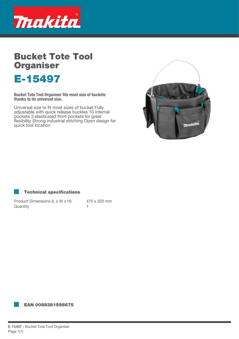 Makita E-15497 Bucket Tote Tool Organiser Power Tool Accessories