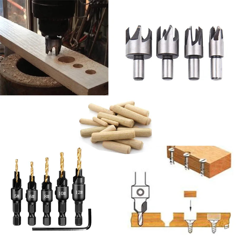 Wood Plug Cutter Drill Cutting Tool Drill Bit Set Straight And Tapered Taper Woodworking Cork Drill Bit 5/8" 1/2" 3/8" 1/4"